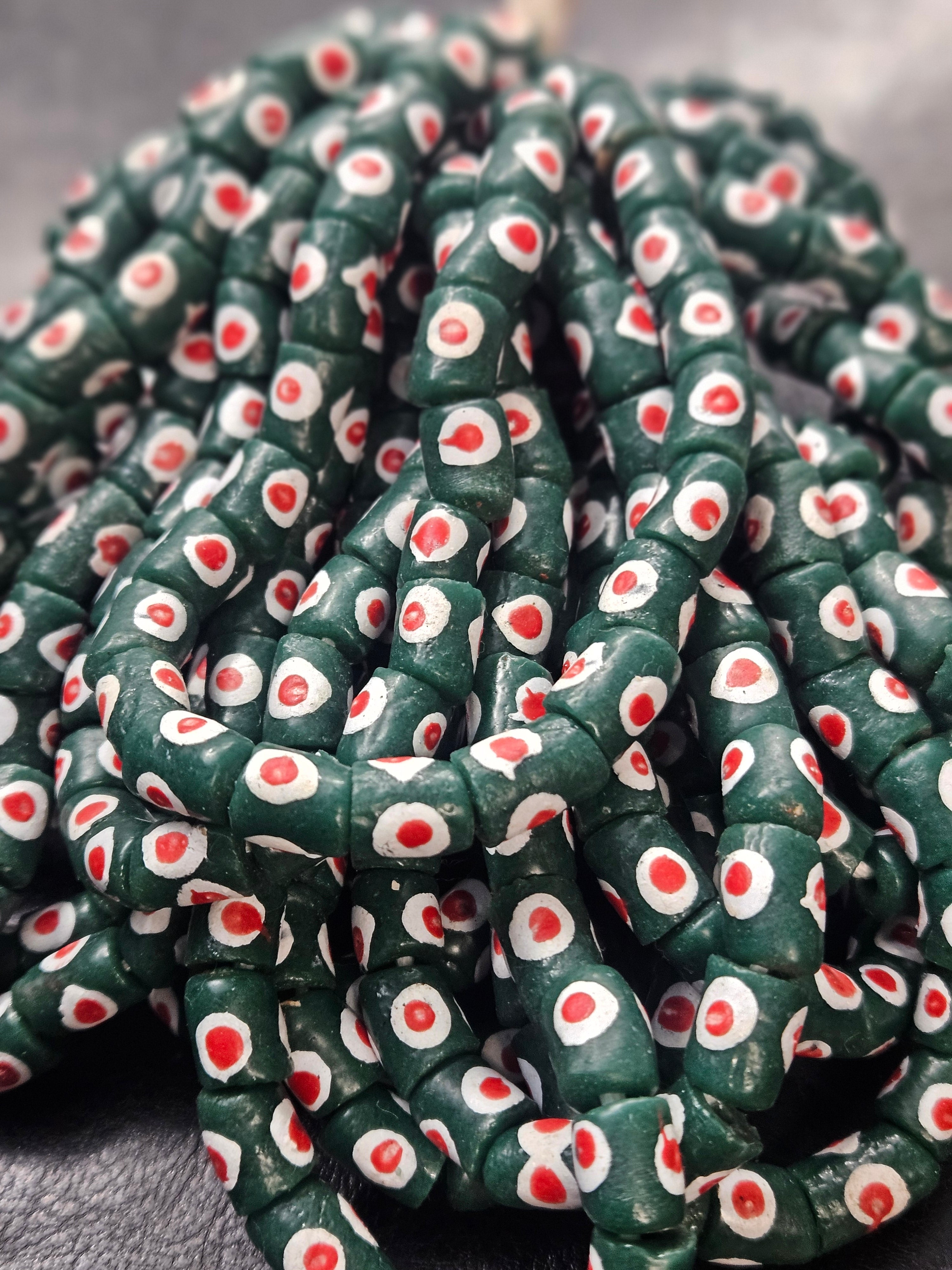 painted african recycled glass small tube beads #1117 side view