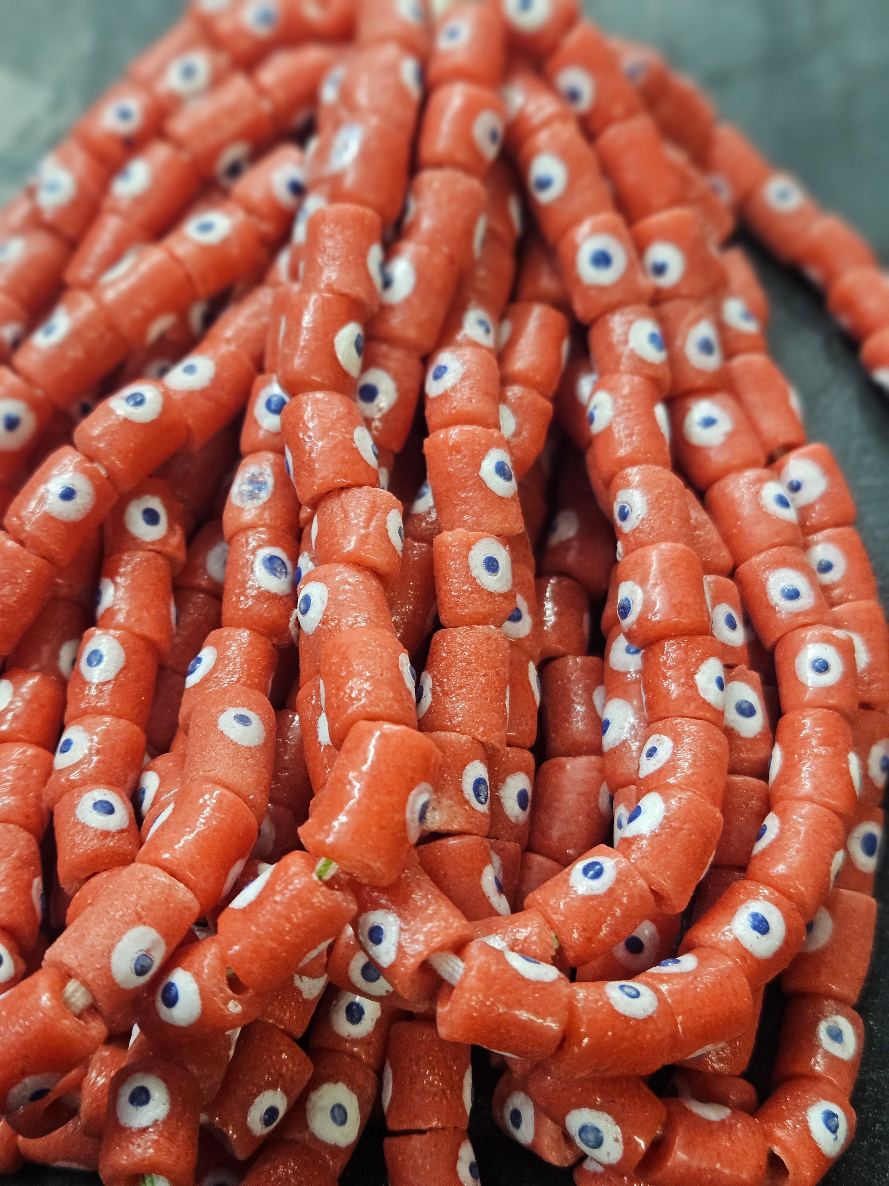 painted african recycled glass small tube beads #1118 side view