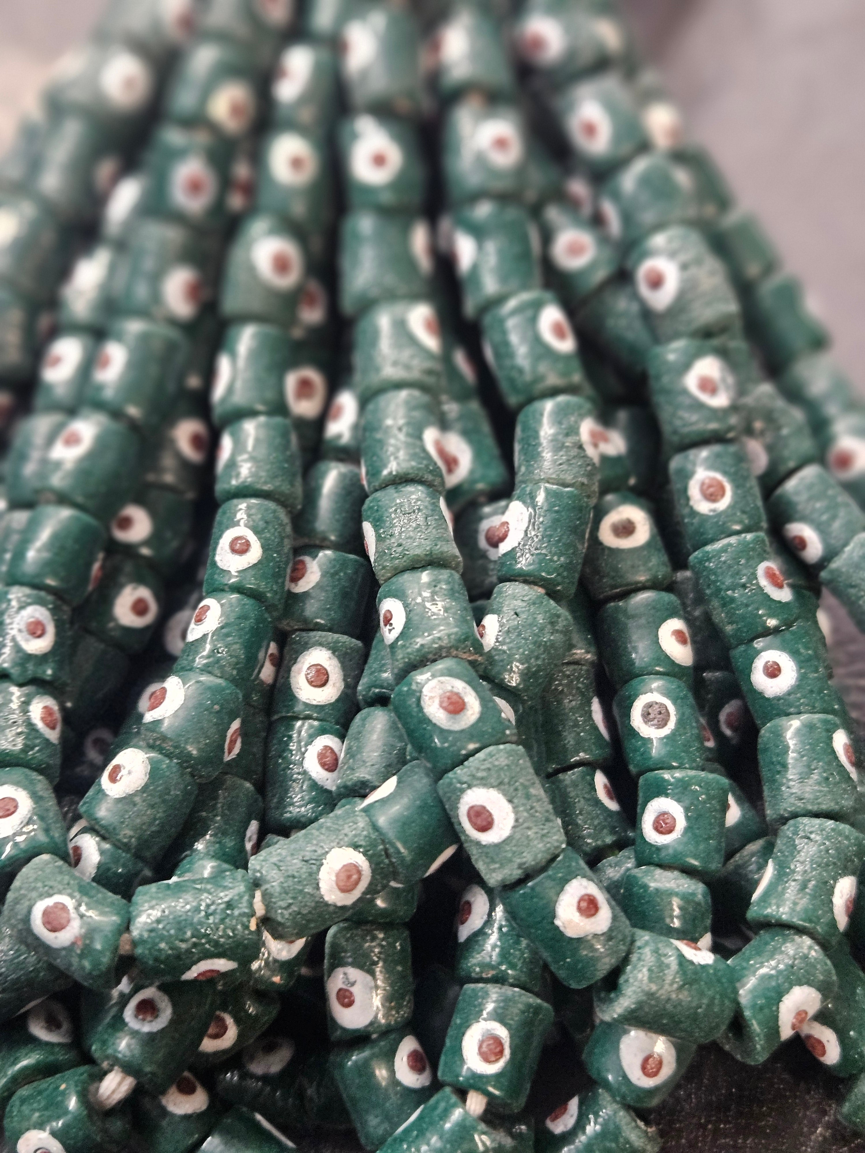 painted african recycled glass small tube beads #1121 detail view