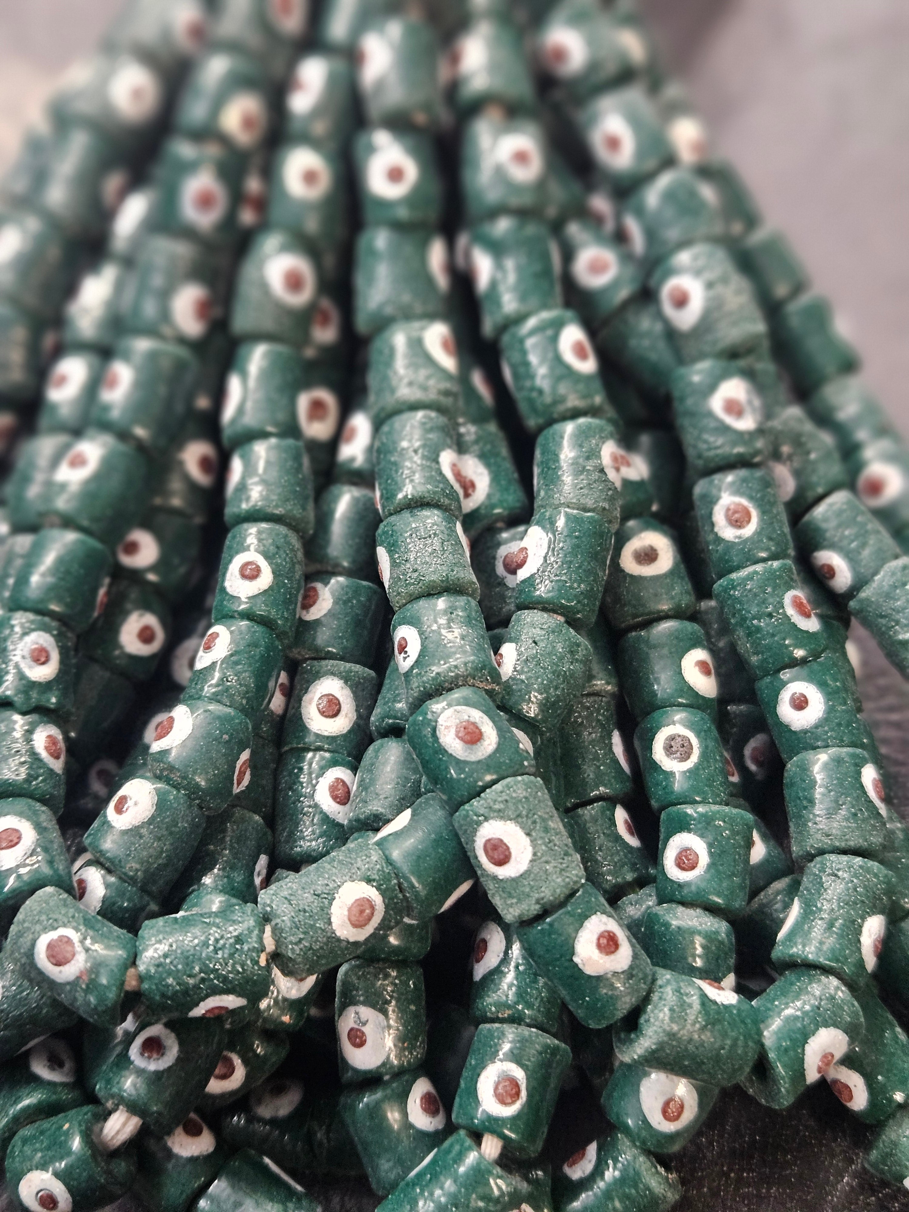 painted african recycled glass small tube beads #1121 side view