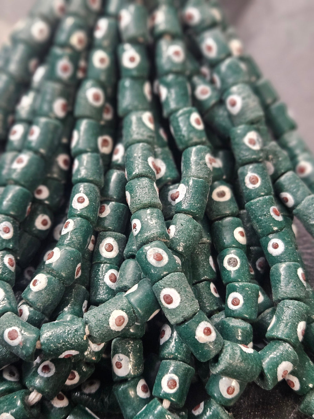 painted african recycled glass small tube beads #1121 teal green strand