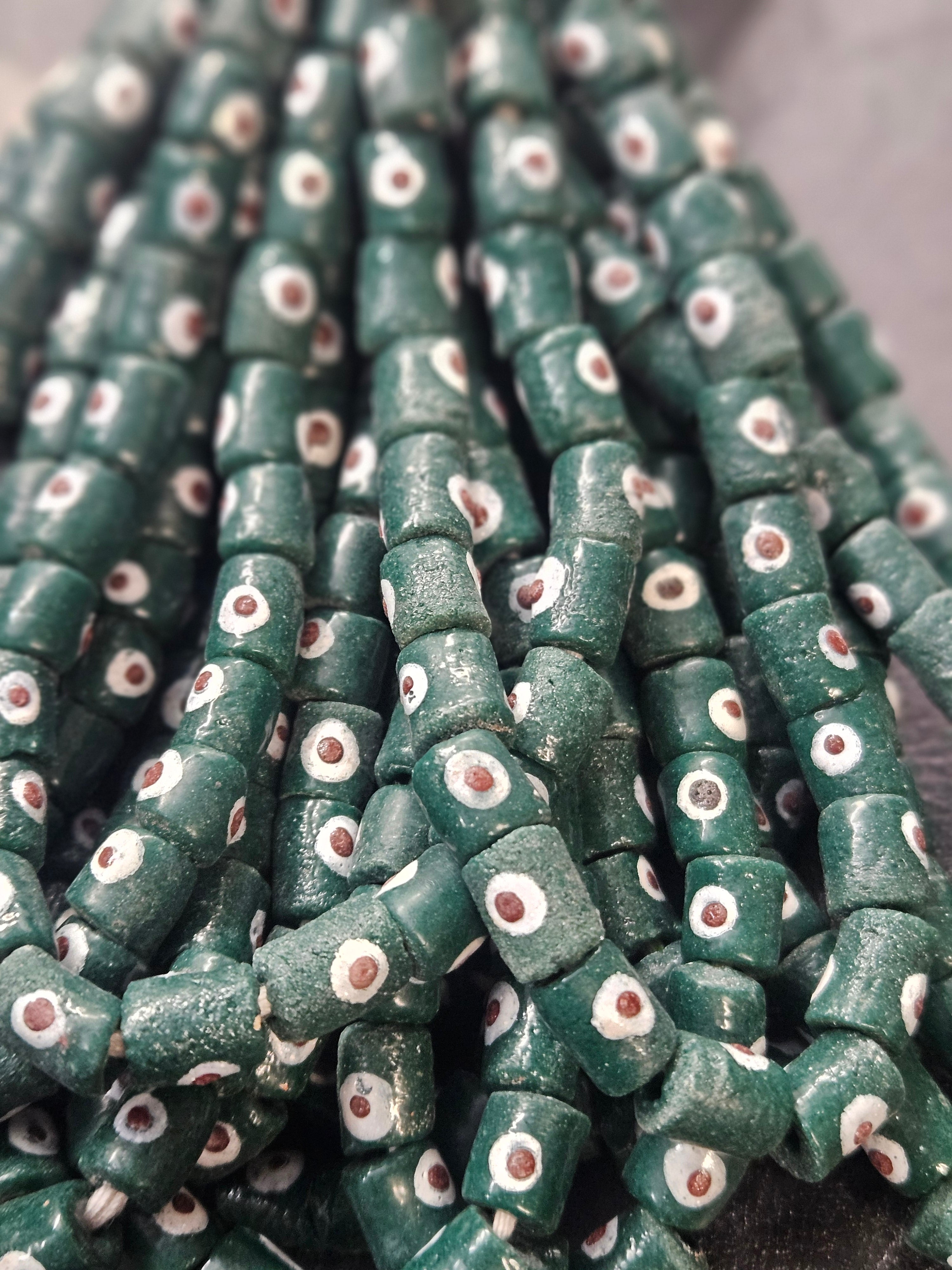 painted african recycled glass small tube beads #1121 teal green strand