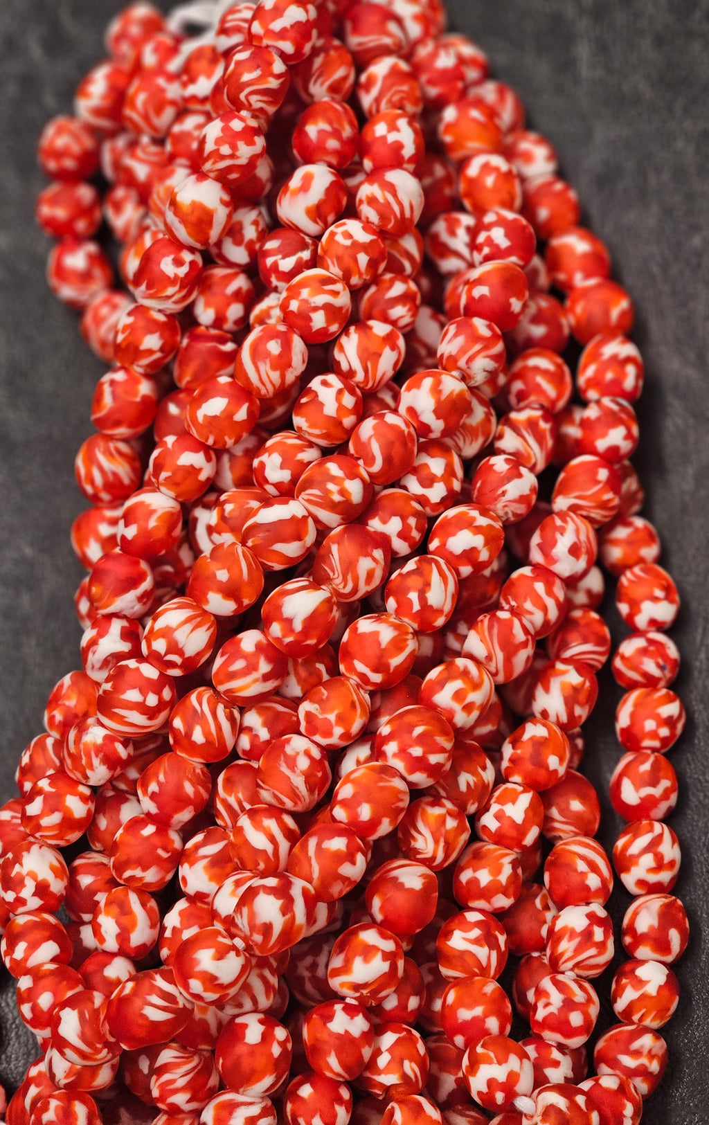 fused african recycled glass round beads #3519 red orange strand
