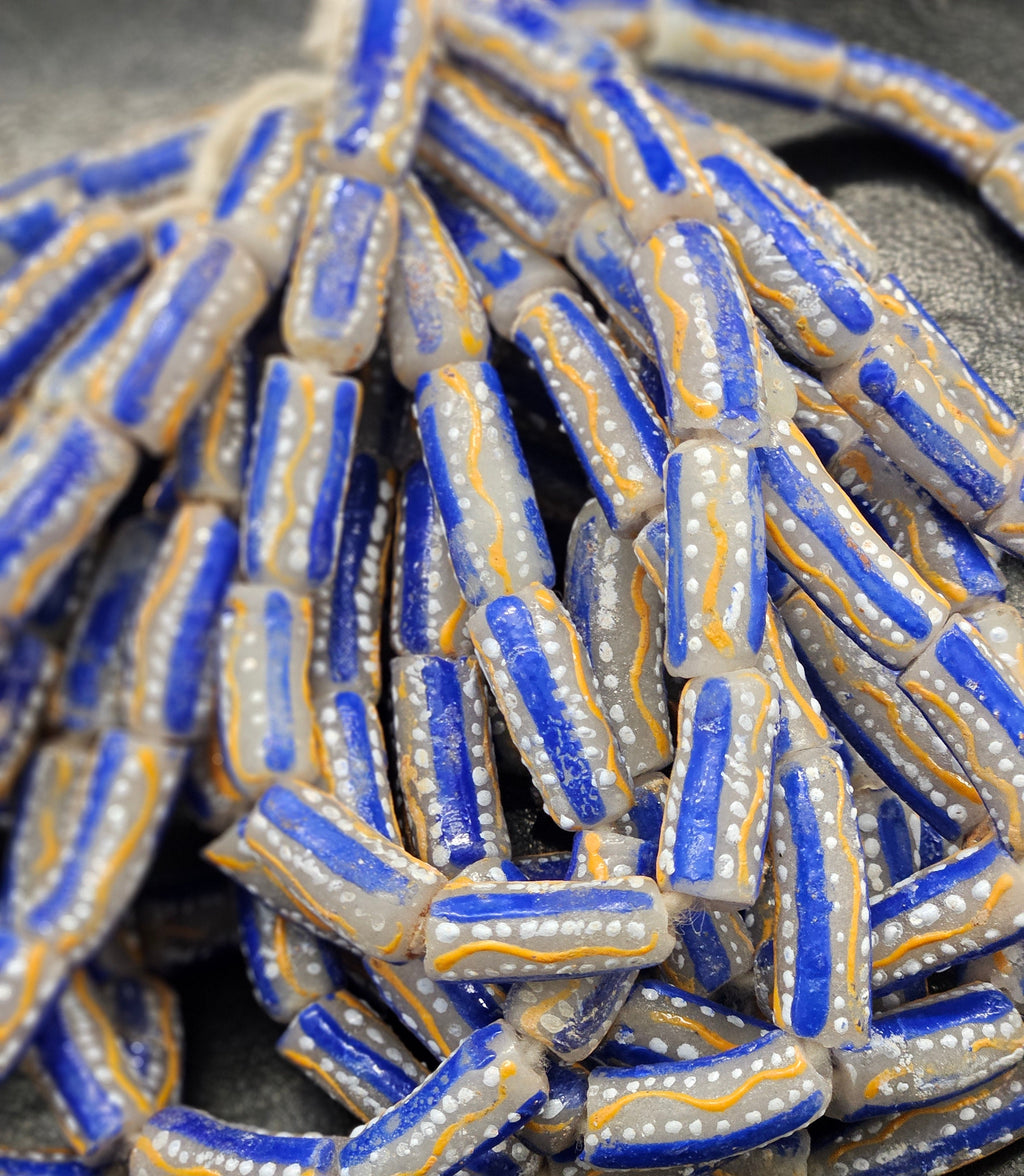 painted african recycled glass tube beads #1501 silver gray strand