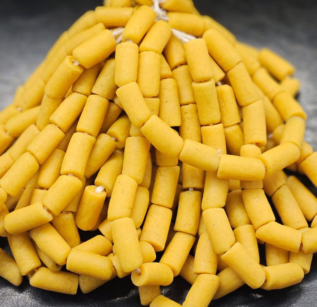 african recycled glass tube beads #1404 yellow gold strand