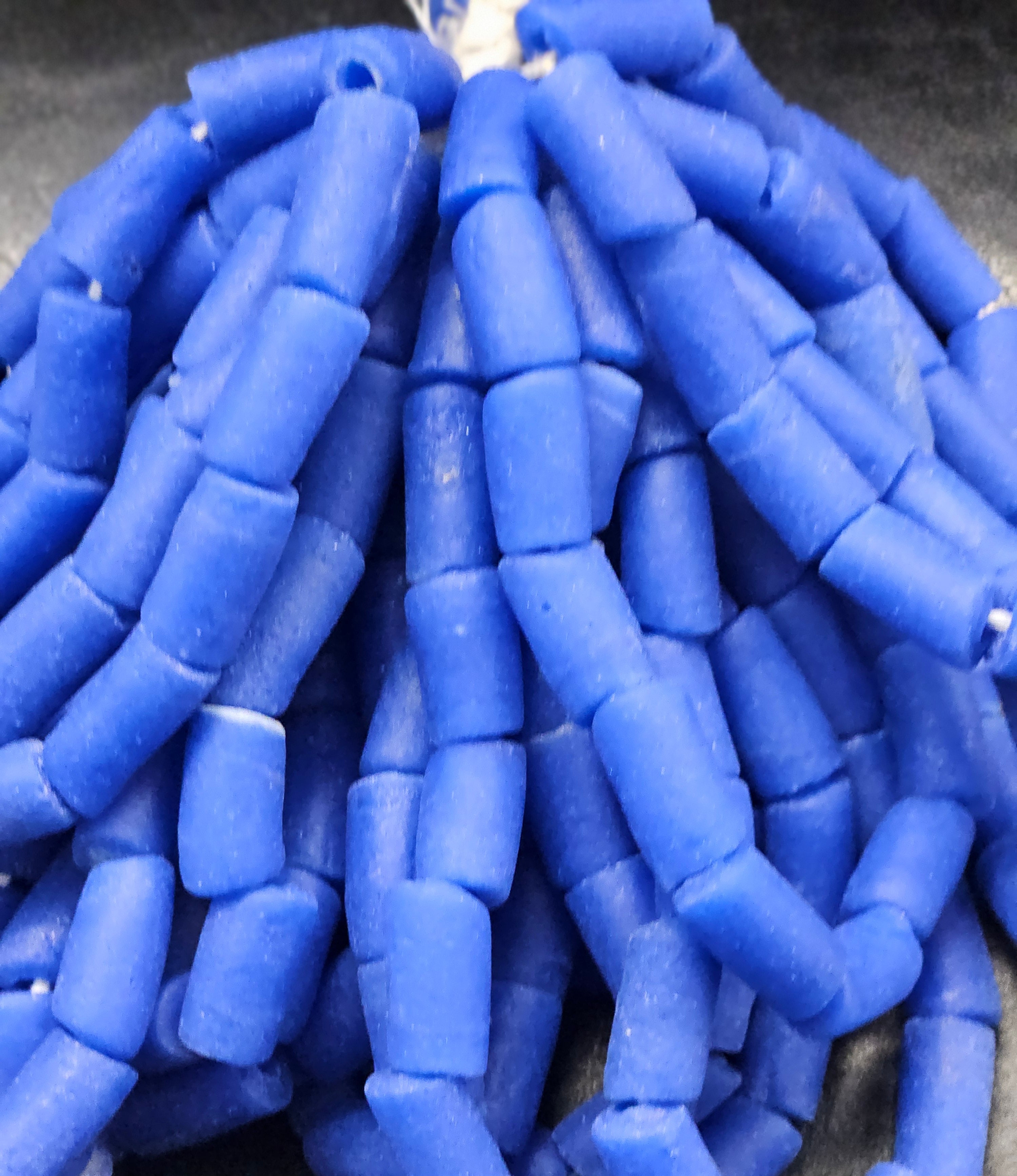 painted african recycled glass tube beads #1403 blue strand
