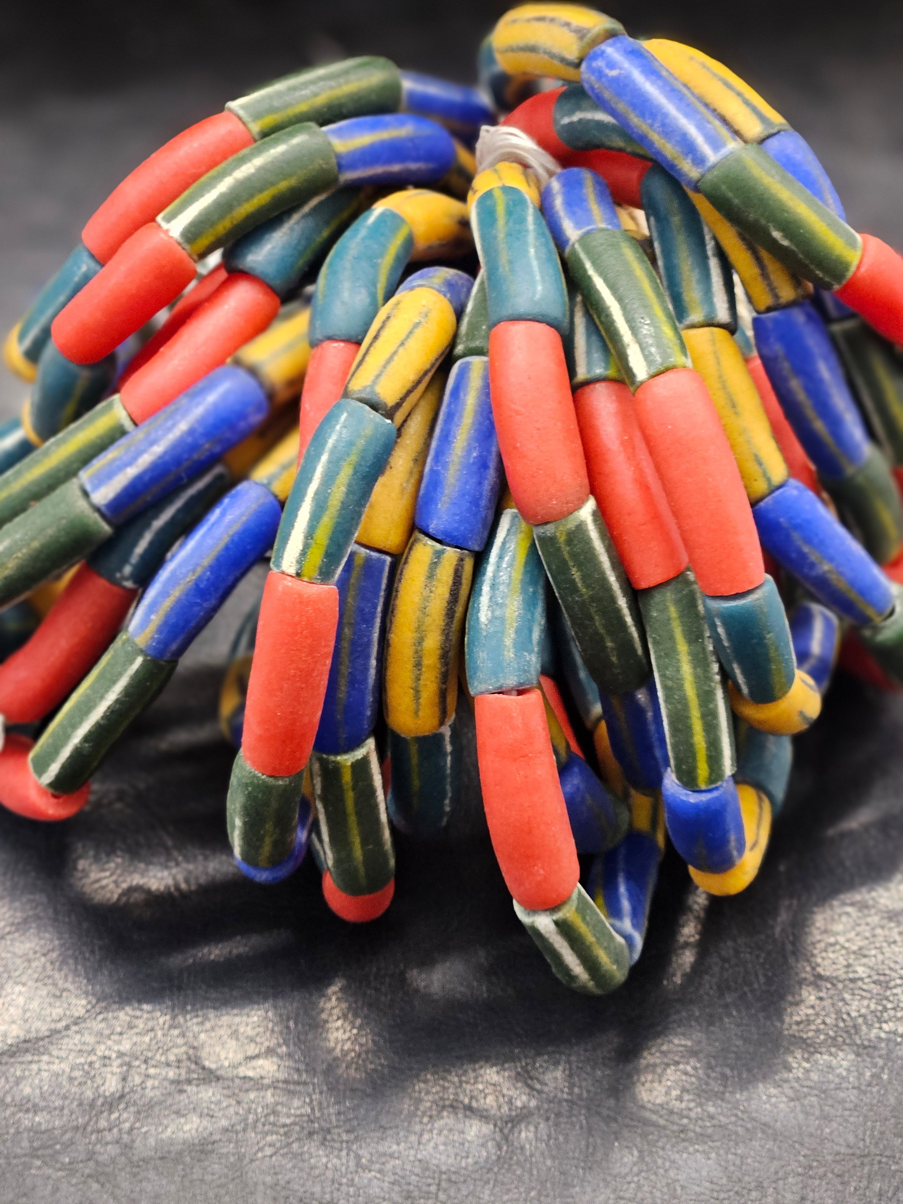 painted african recycled glass long tube beads #1701 close up