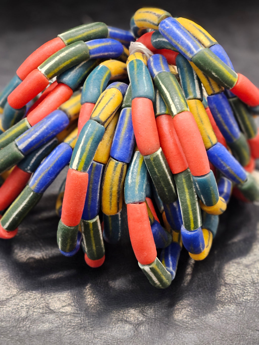 painted african recycled glass long tube beads #1701 detail view
