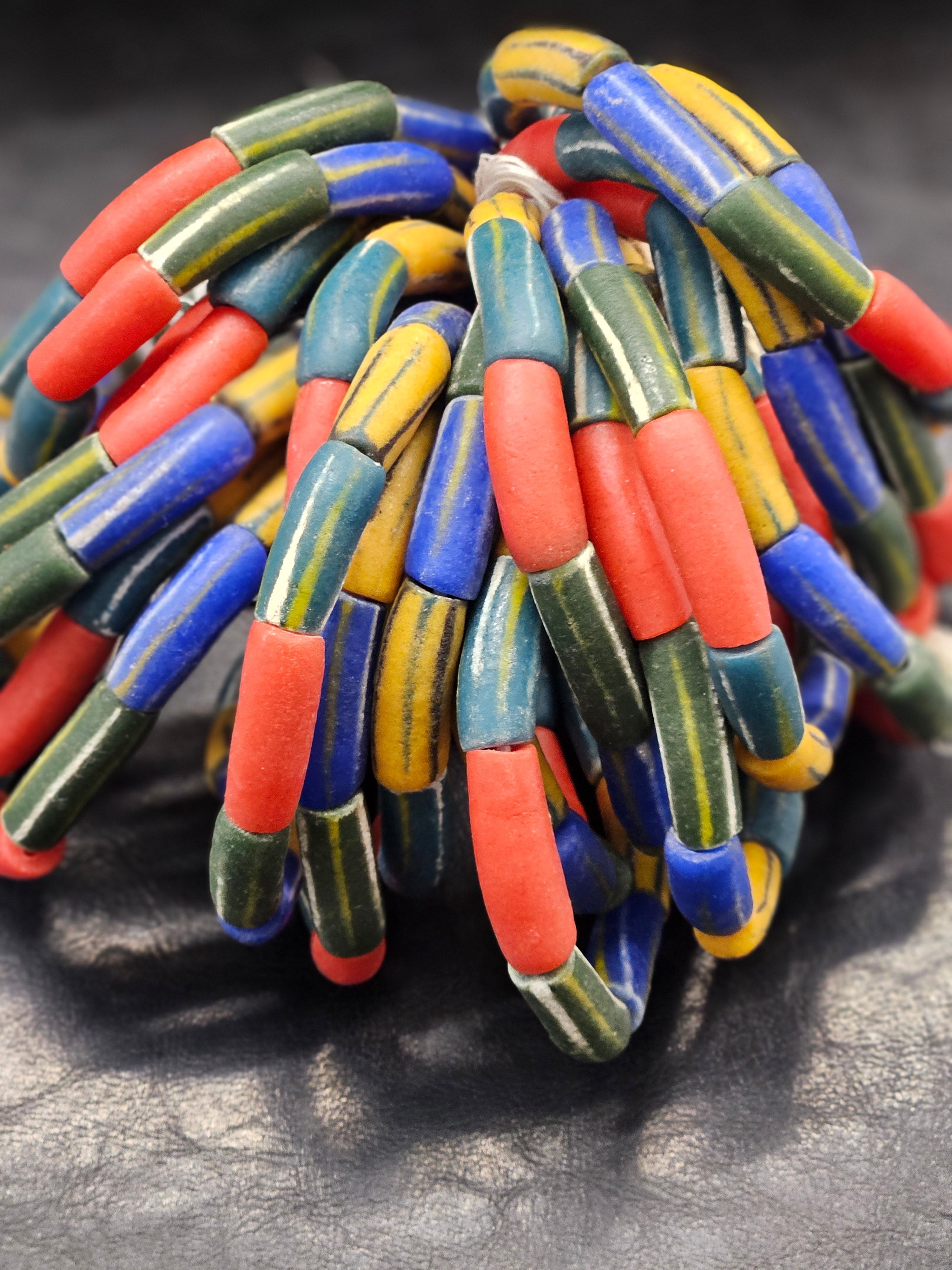 painted african recycled glass long tube beads #1701 detail view