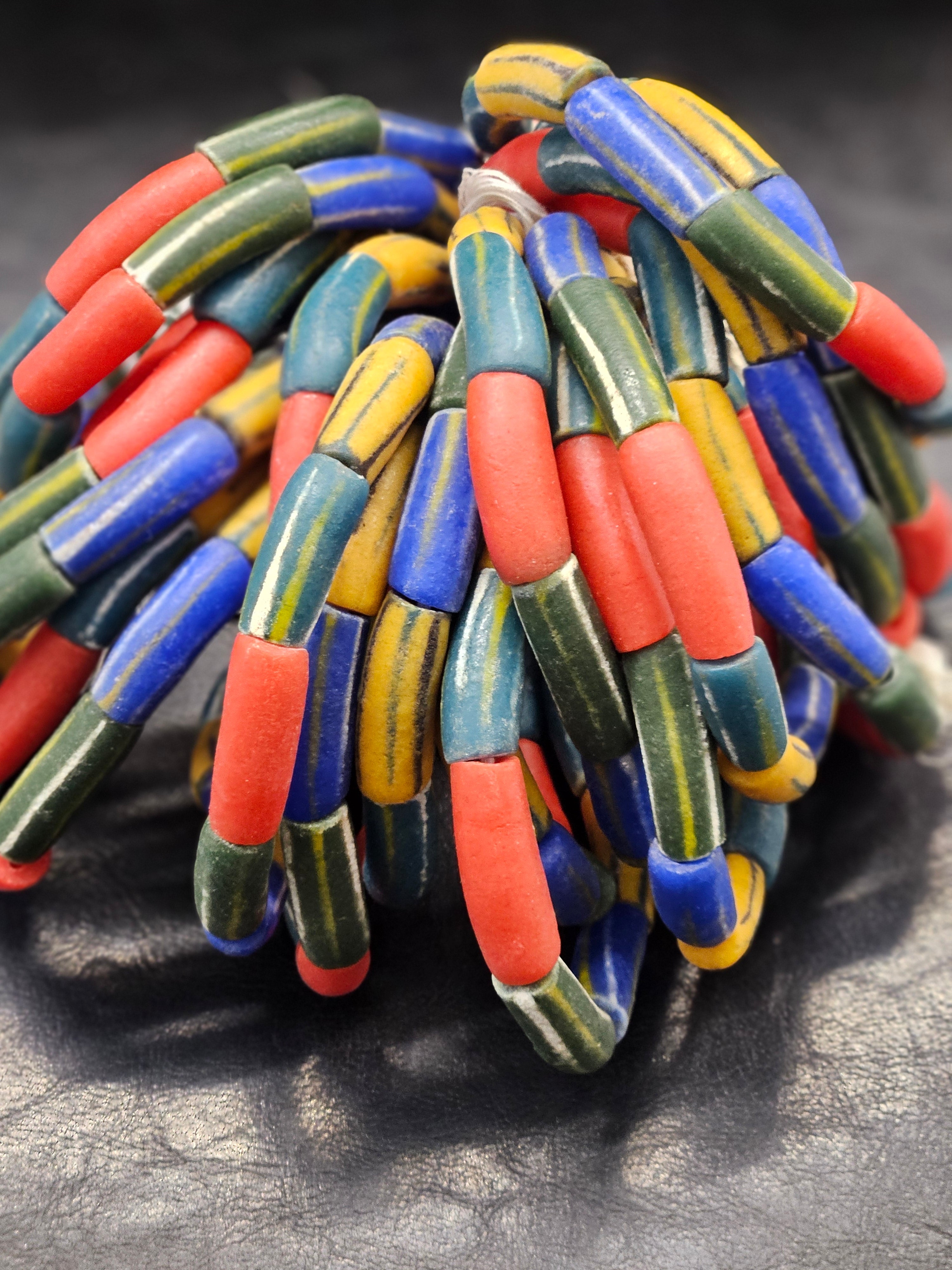 painted african recycled glass long tube beads #1701 side view