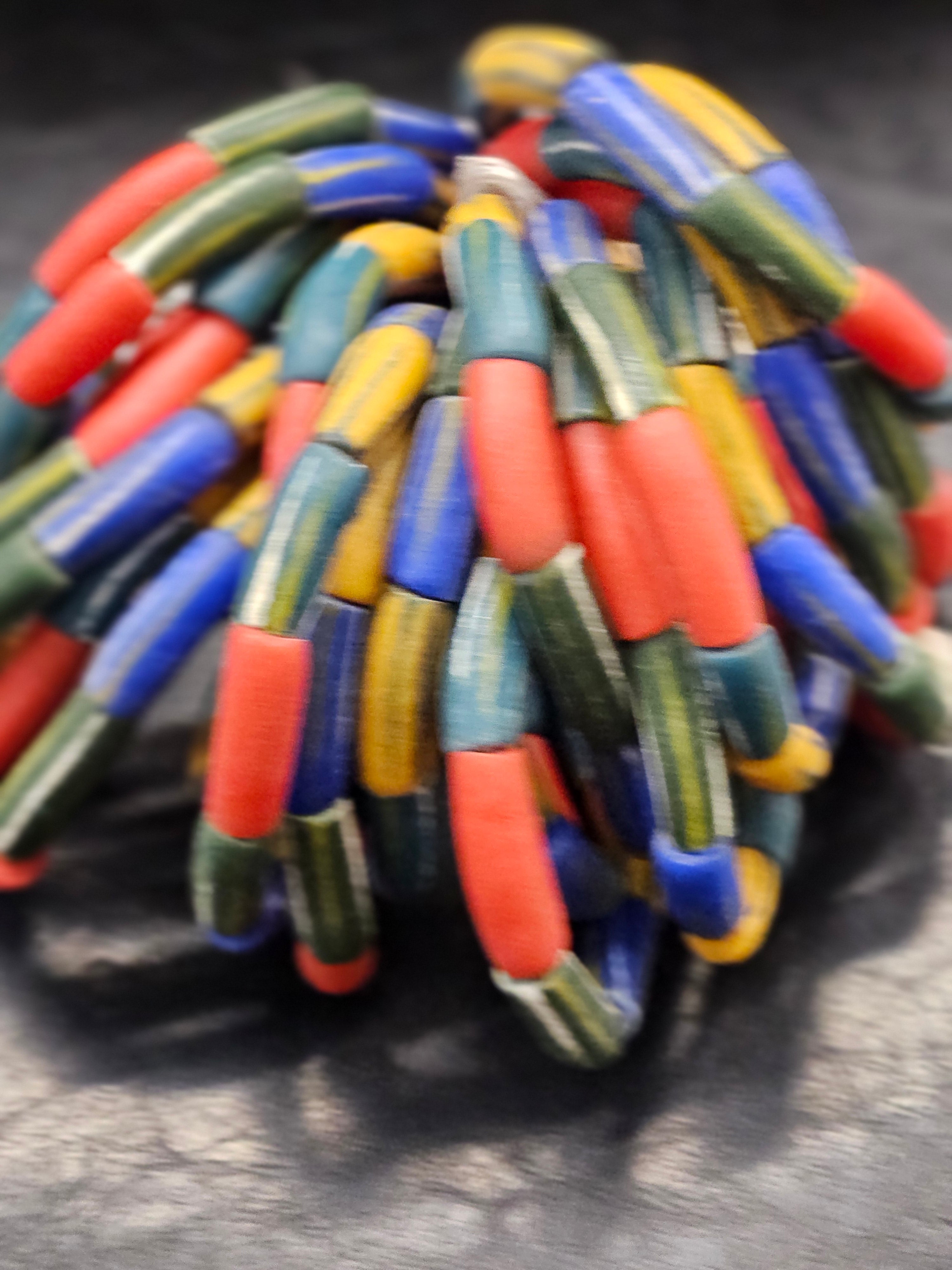 painted african recycled glass long tube beads #1701 multicolor strand