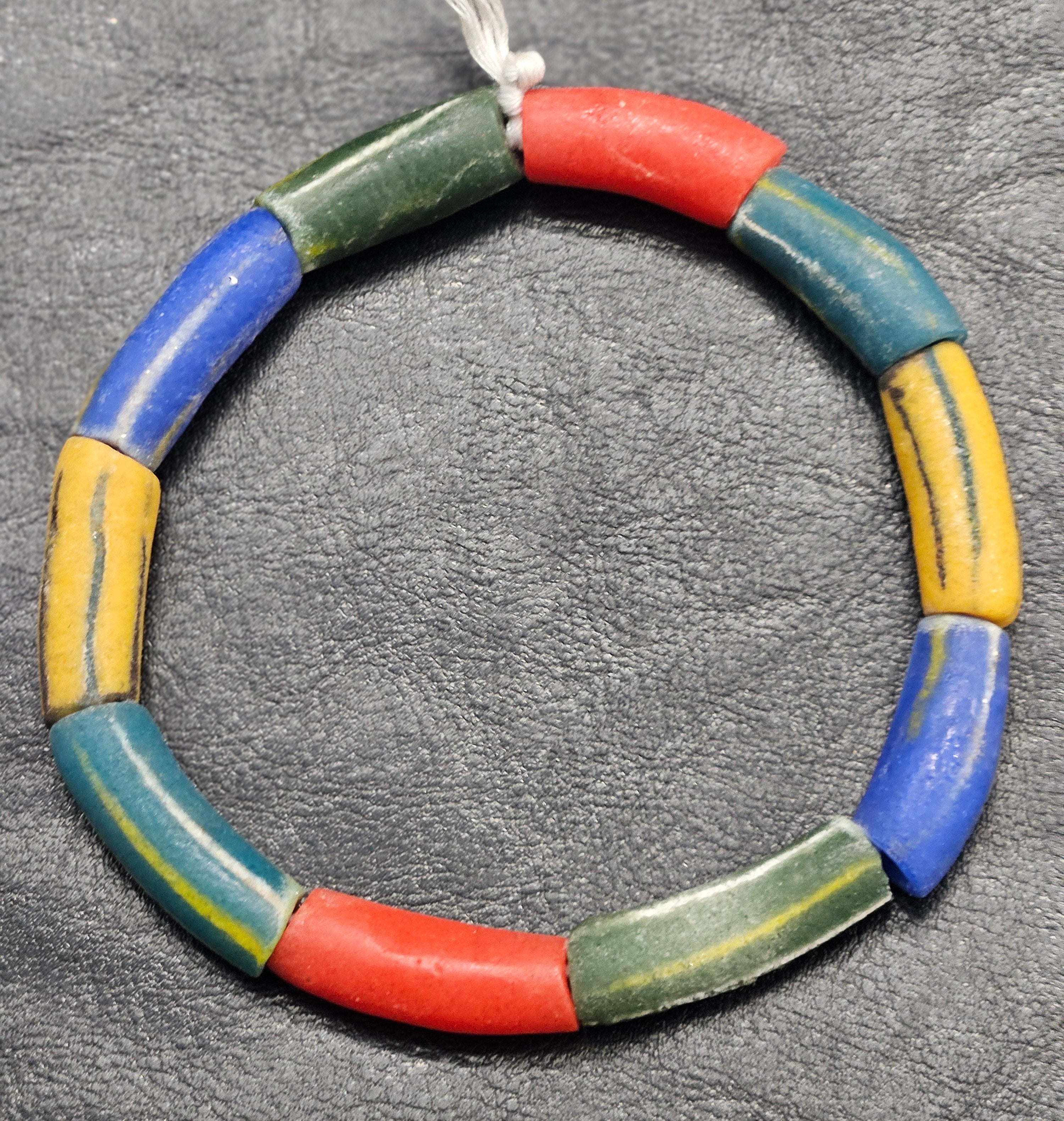 painted african recycled glass long tube beads #1701 single bead