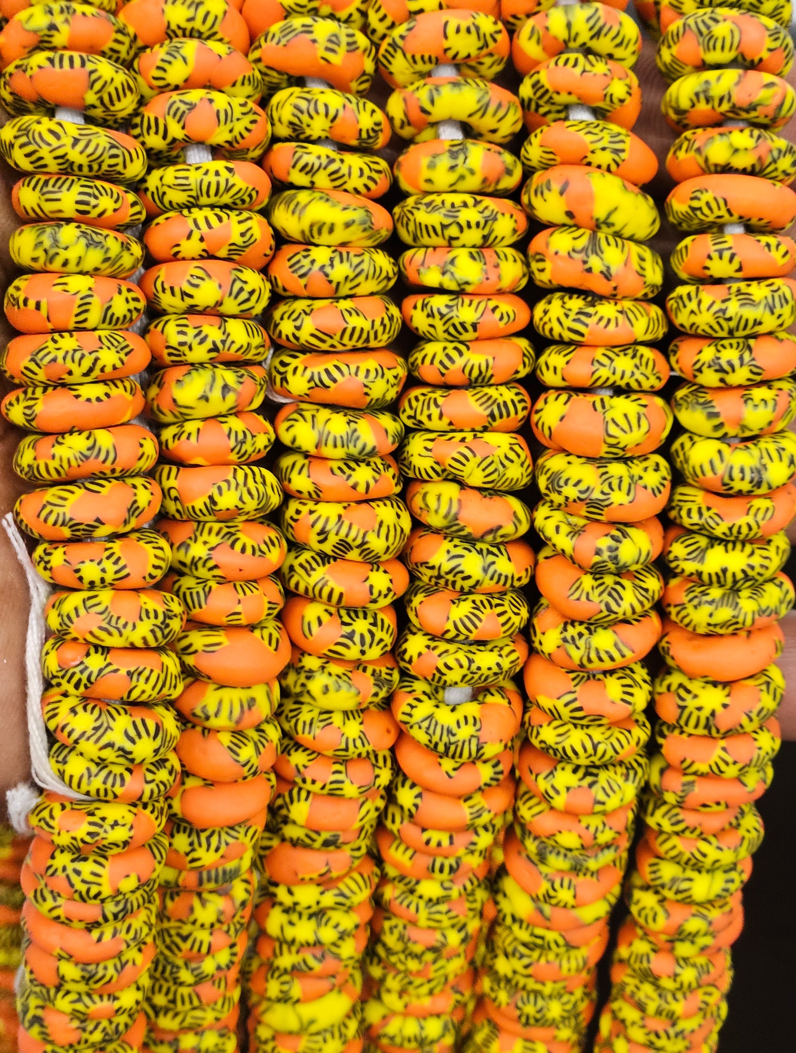 orange yellow fused krobo rondelle recycled glass beads african trade beads ghana