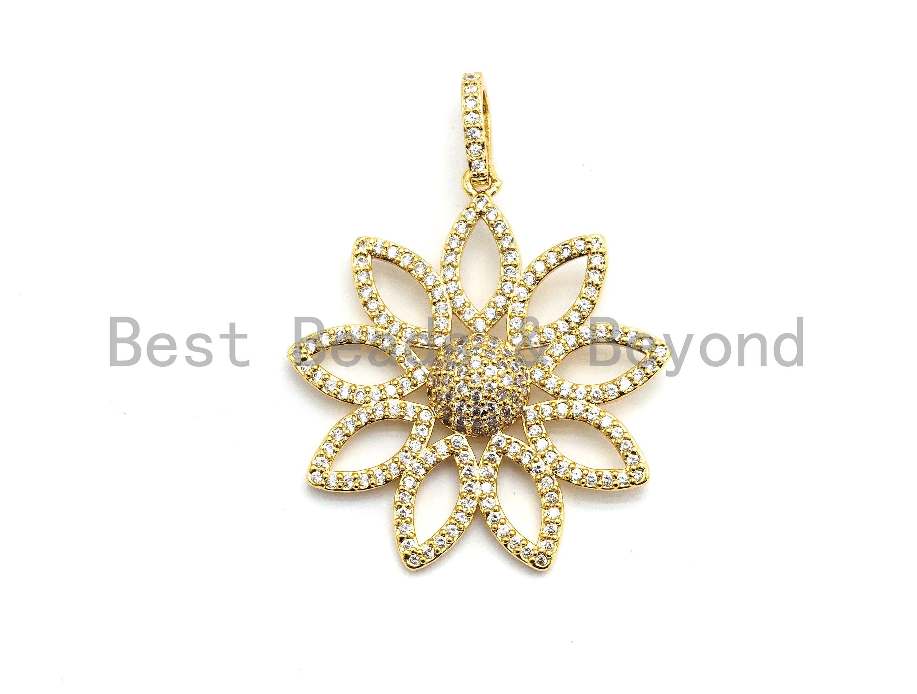 CZ Filigree Flower Pendant - Gold/Silver/Rose Gold/Black Hollow Out Charm 30x32mm