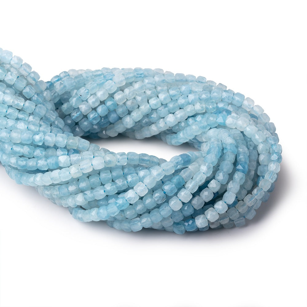 Aquamarine Micro-Faceted Cube Beads, 4mm, 12.5-Inch Strand