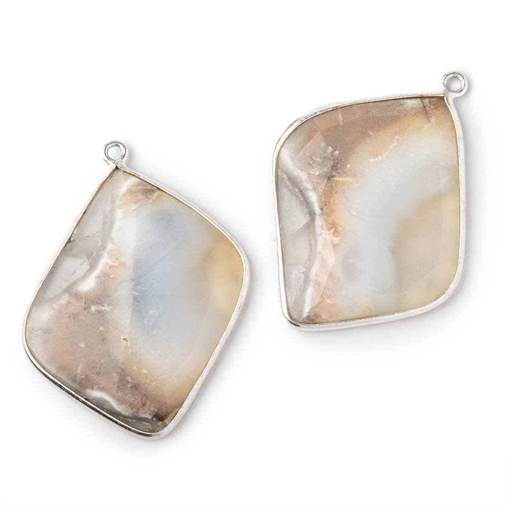 33x22mm .925 Silver Bezel Dendritic Agate Faceted Freeform Set of 2 Pendants