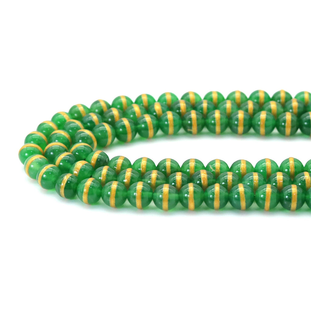 Green Agate Smooth Round Beads with Gold-Tone Stripe, 8–12mm