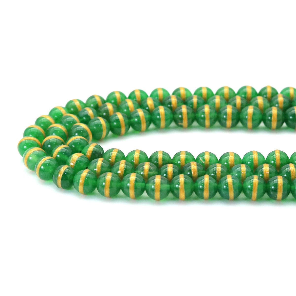 Green Agate Smooth Round Beads with Gold-Tone Stripe, 8–12mm