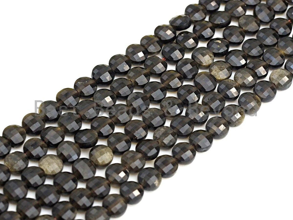 Double Sided Turtle Shell Cut Natural Silver Obsidian Coin Shape beads, 6mm/8mm/10mm Natural Gemstone Beads, 15.5" Full strand, Sku#U797