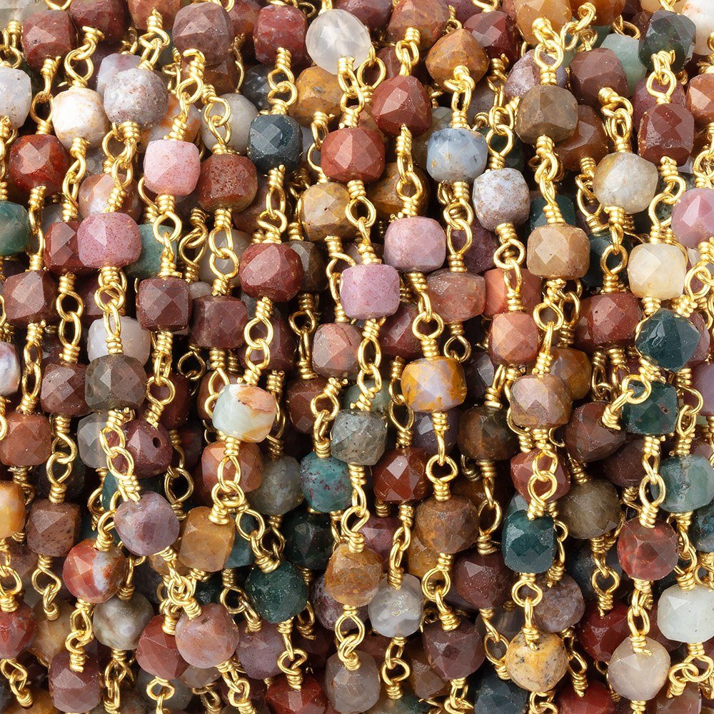 4mm Ocean Jasper Micro Faceted Cubes on Gold Plated Chain
