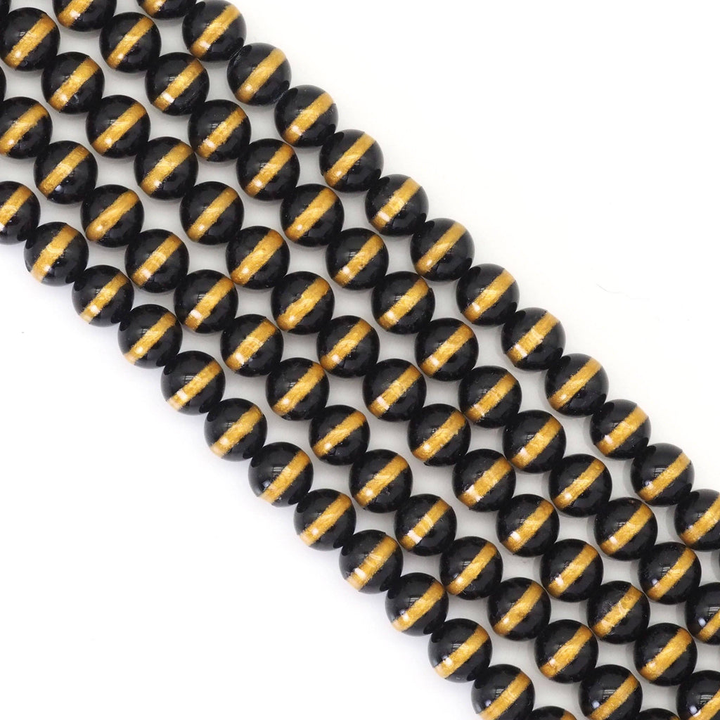 Black Onyx Smooth Round Beads with Golden Line, 8–12mm, 15–16-Inch Strand