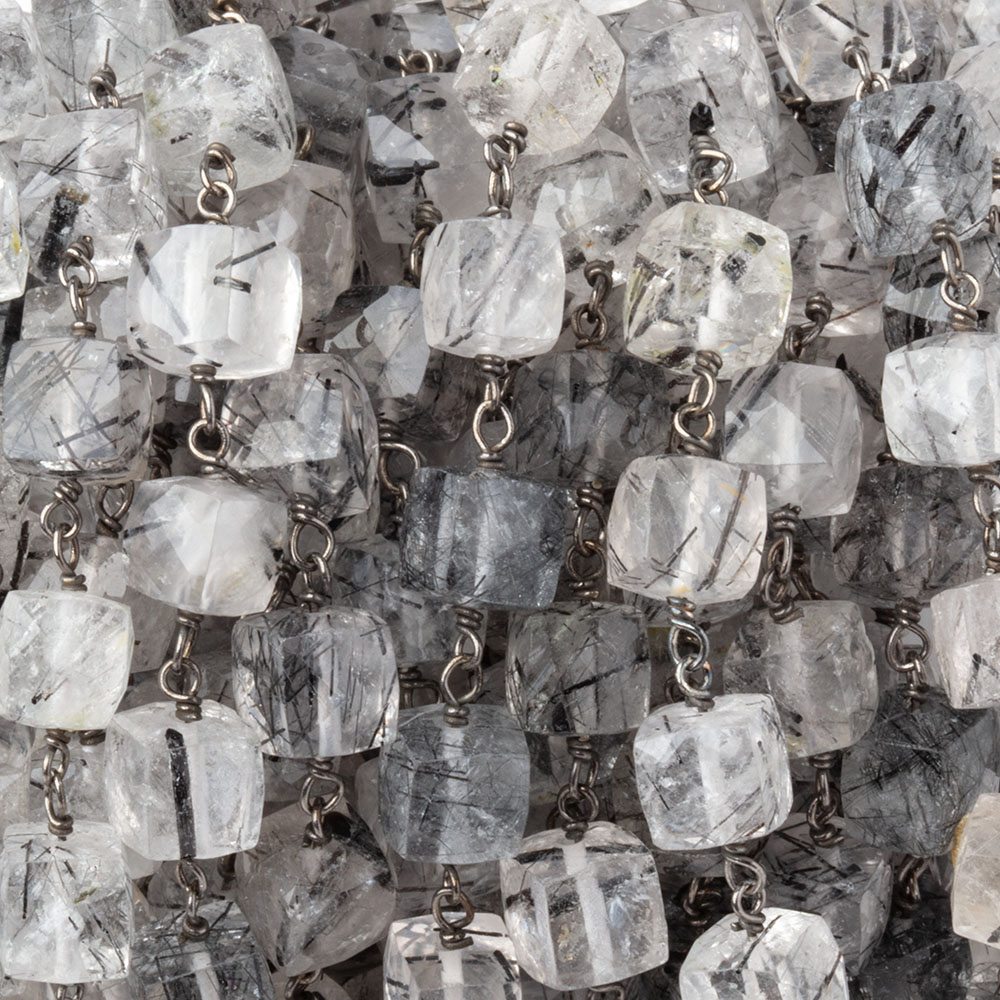 6-6.5mm Tourmalinated Quartz Faceted Cubes on Sterling Silver Chain