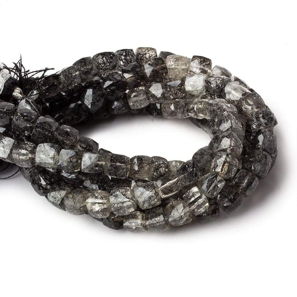 6–7mm Black Tourmalinated Quartz Faceted Cube Beads, 8-Inch Strand