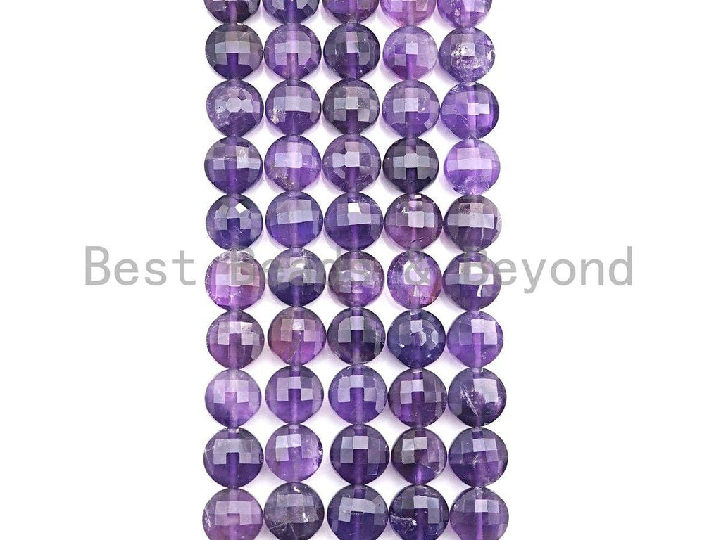 10mm Amethyst Checkerboard-Faceted Coin Beads, 16-Inch Strand