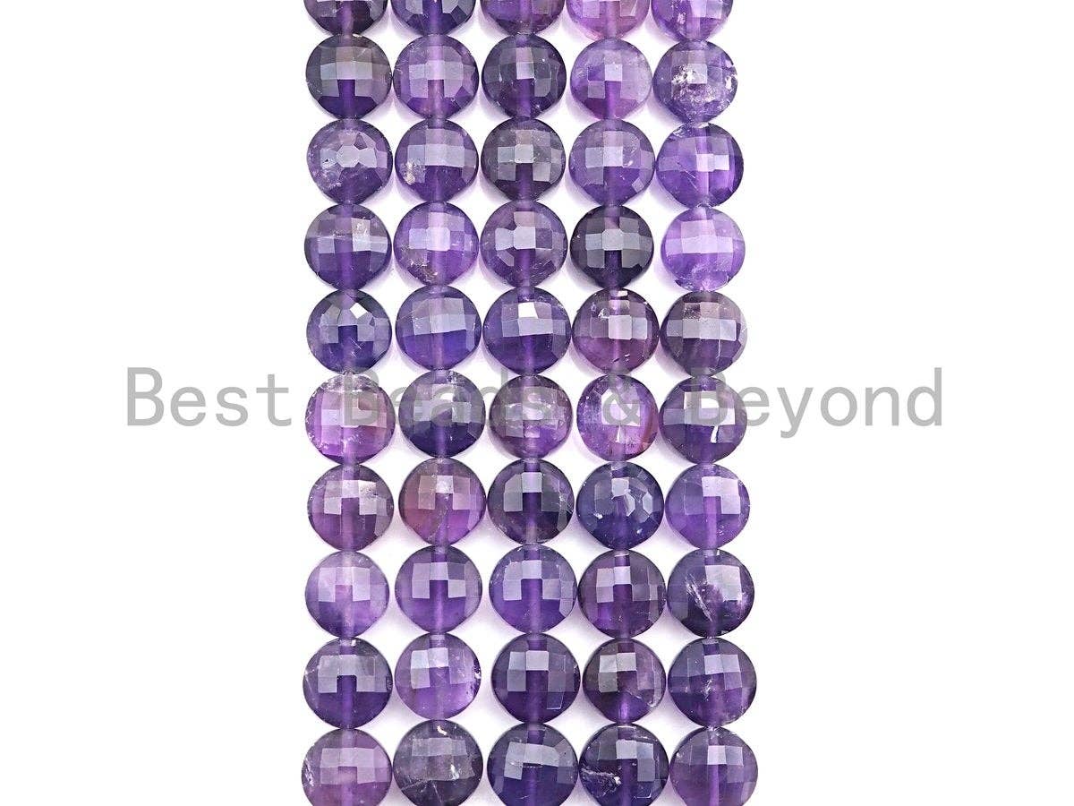 10mm Amethyst Checkerboard-Faceted Coin Beads, 16-Inch Strand