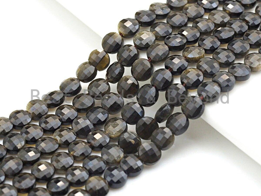 Double Sided Turtle Shell Cut Natural Silver Obsidian Coin Shape beads, 6mm/8mm/10mm Natural Gemstone Beads, 15.5" Full strand, Sku#U797