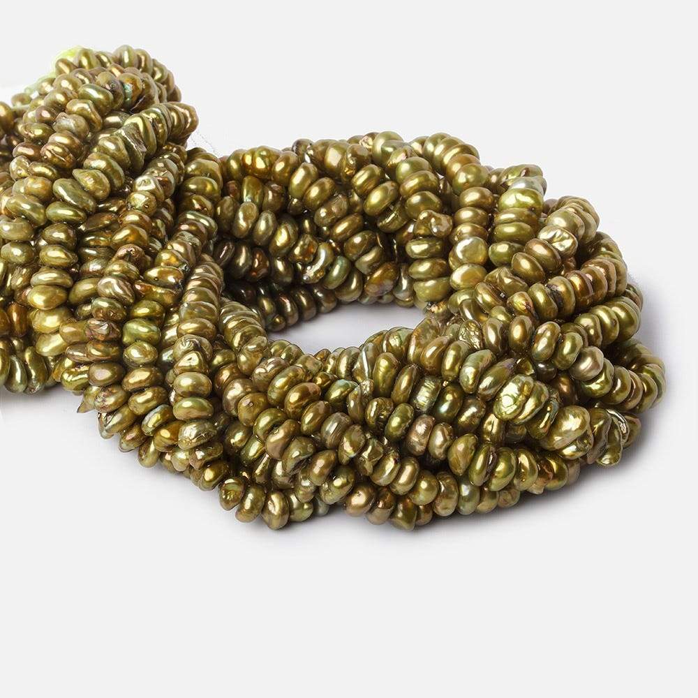 Copperish Green Keshi Freshwater Pearl Strand – 7 × 3mm, 16 Inch