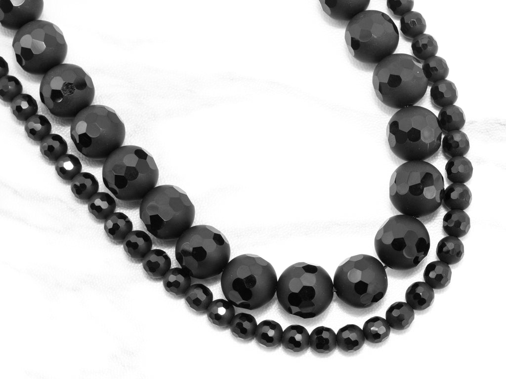 Black Onyx Matte Round Beads with Faceted Band, 6–12mm, 15–16-Inch Strand