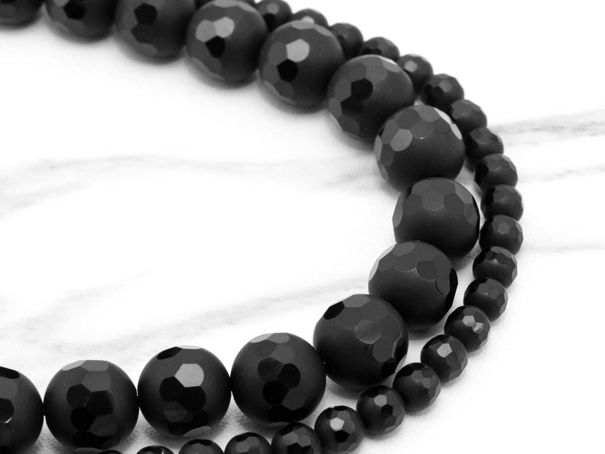Black Onyx Matte Round Beads with Faceted Band, 6–12mm, 15–16-Inch Strand