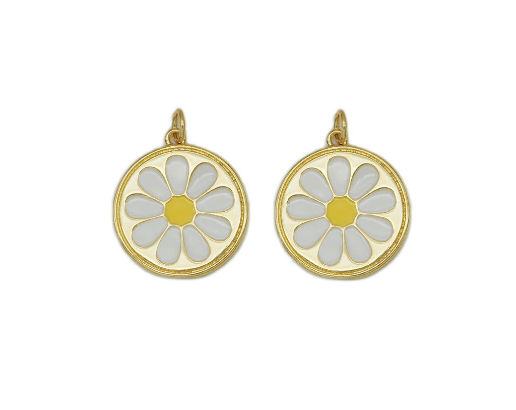 White Enamel Daisy Flower Coin Pendant - Round Charm 12mm