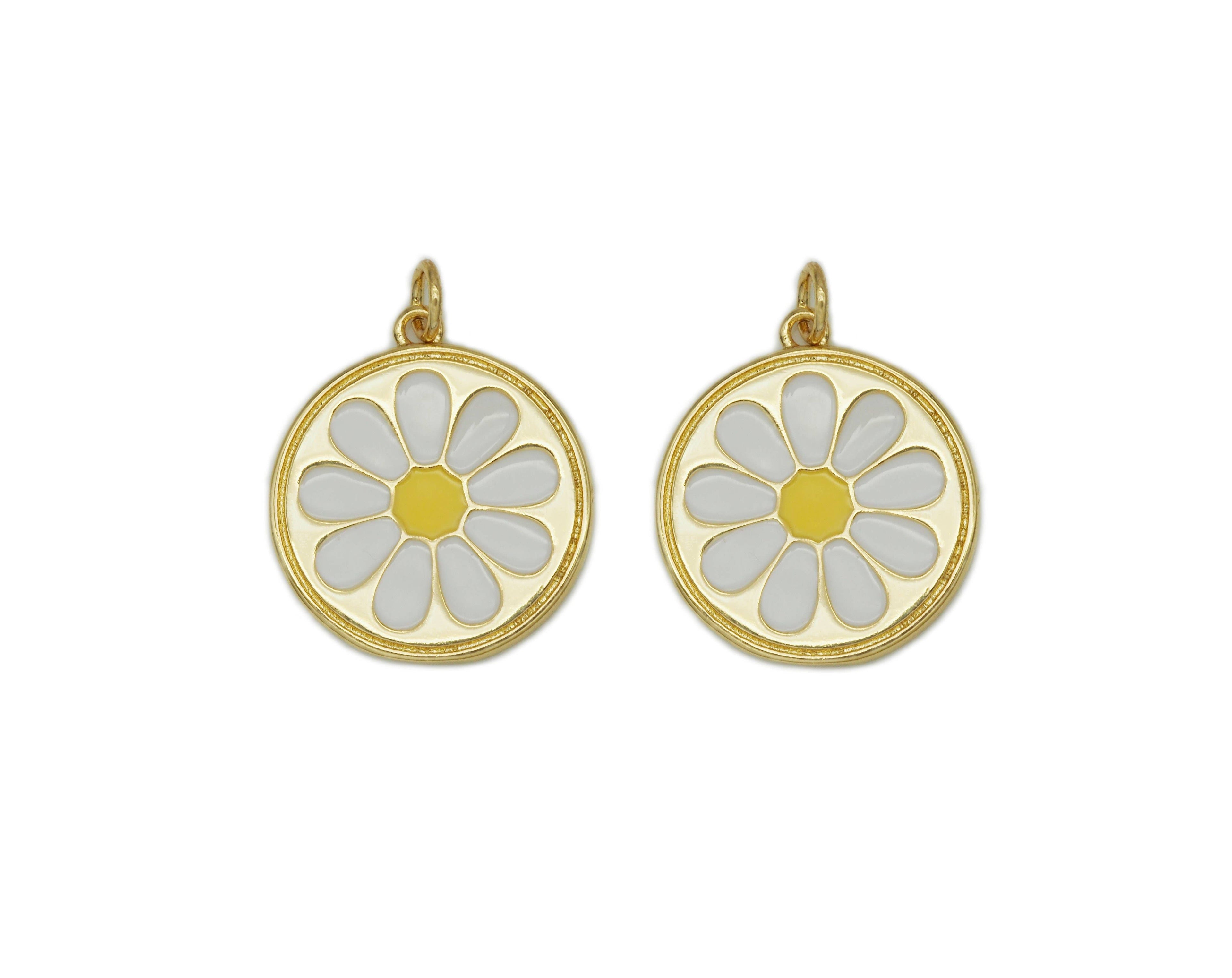 White Enamel Daisy Flower Coin Pendant - Round Charm 12mm