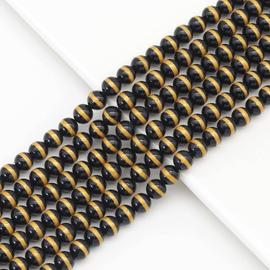 Black Onyx Smooth Round Beads with Golden Line, 8–12mm, 15–16-Inch Strand