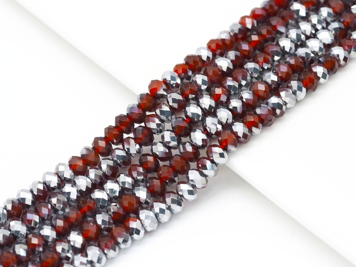 Half-Silver-Plated Red Agate Faceted Rondelle Beads, 4 × 6mm & 5 × 8mm
