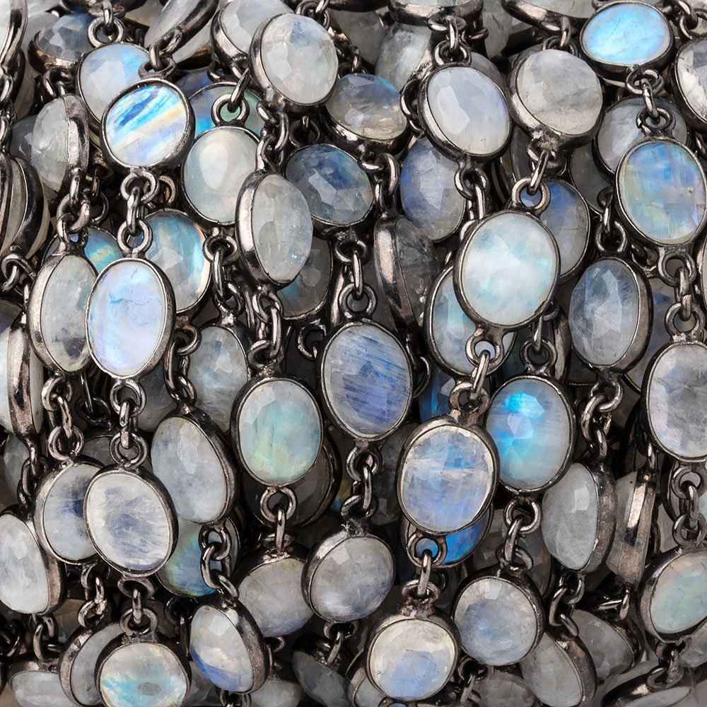 9x7mm Rainbow Moonstone Faceted Oval Cabochon Black Gold .925 Bezeled Chain