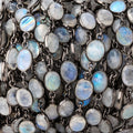 9x7mm Rainbow Moonstone Faceted Oval Cabochon Black Gold .925 Bezeled Chain