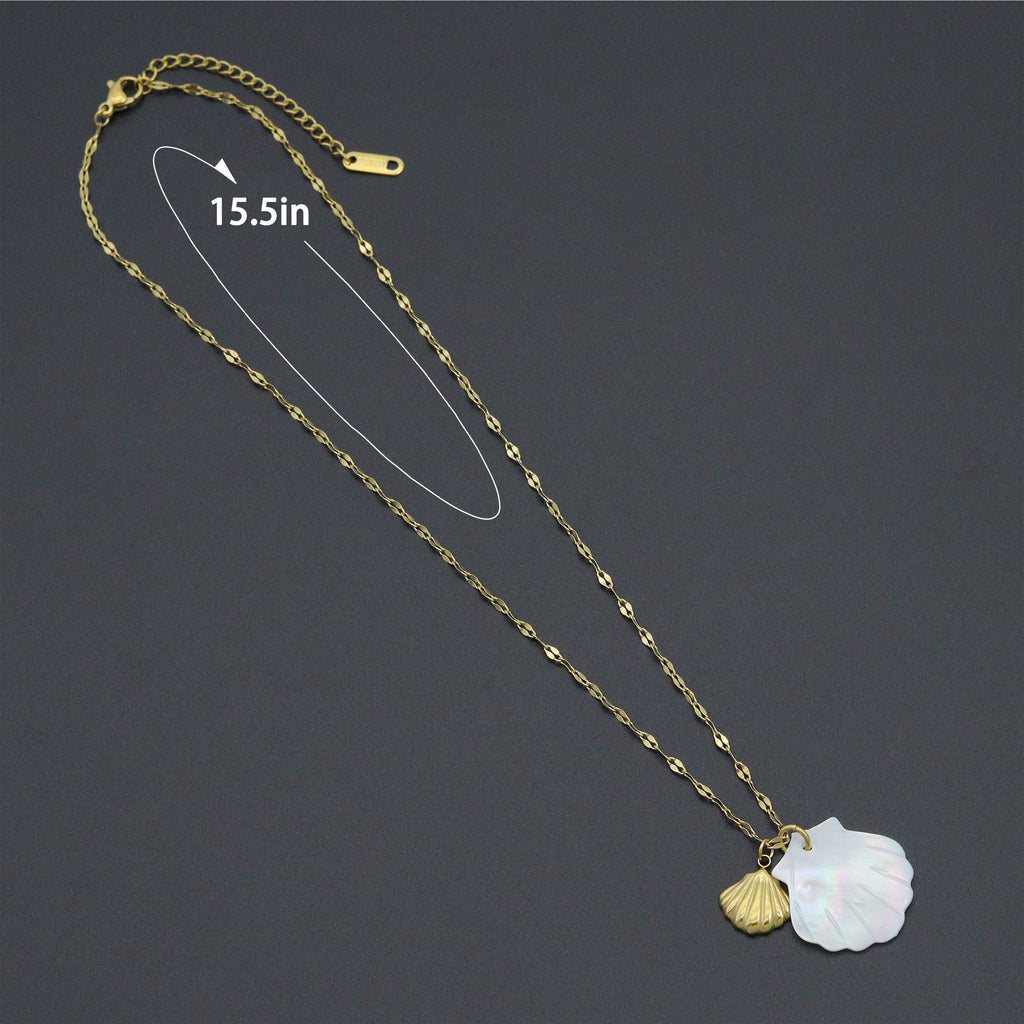 Shell pendant necklace with a diagram labeled 15.5 inches