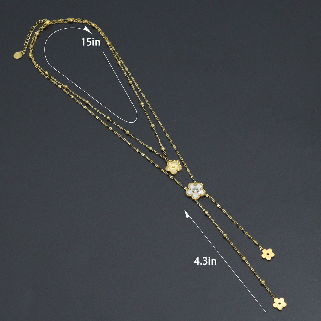 Layered flower necklace with a diagram labeled 15 inches and a 4.3-inch drop