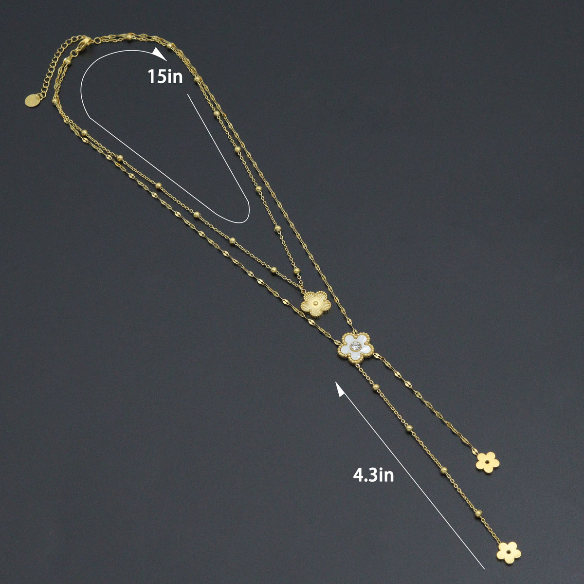 Layered flower necklace with a diagram labeled 15 inches and a 4.3-inch drop