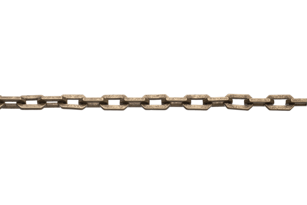 Close-up of antique brass-tone angular cable chain.