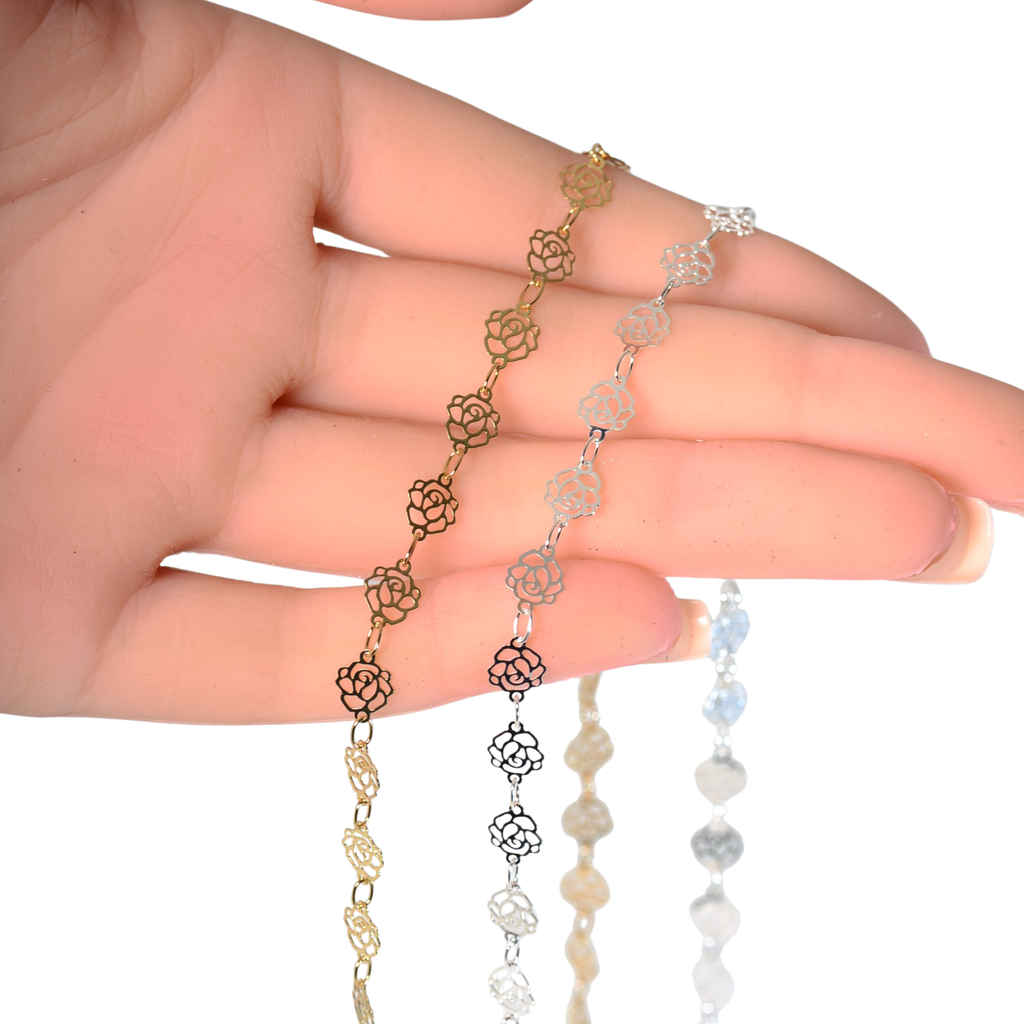 6.5mm Elegant Filigree Rose Chain - Made of Brass - Sold by the Foot - Ch-921