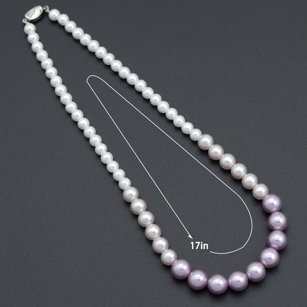 Purple gradient pearl bead necklace with a diagram labeled 17 inches