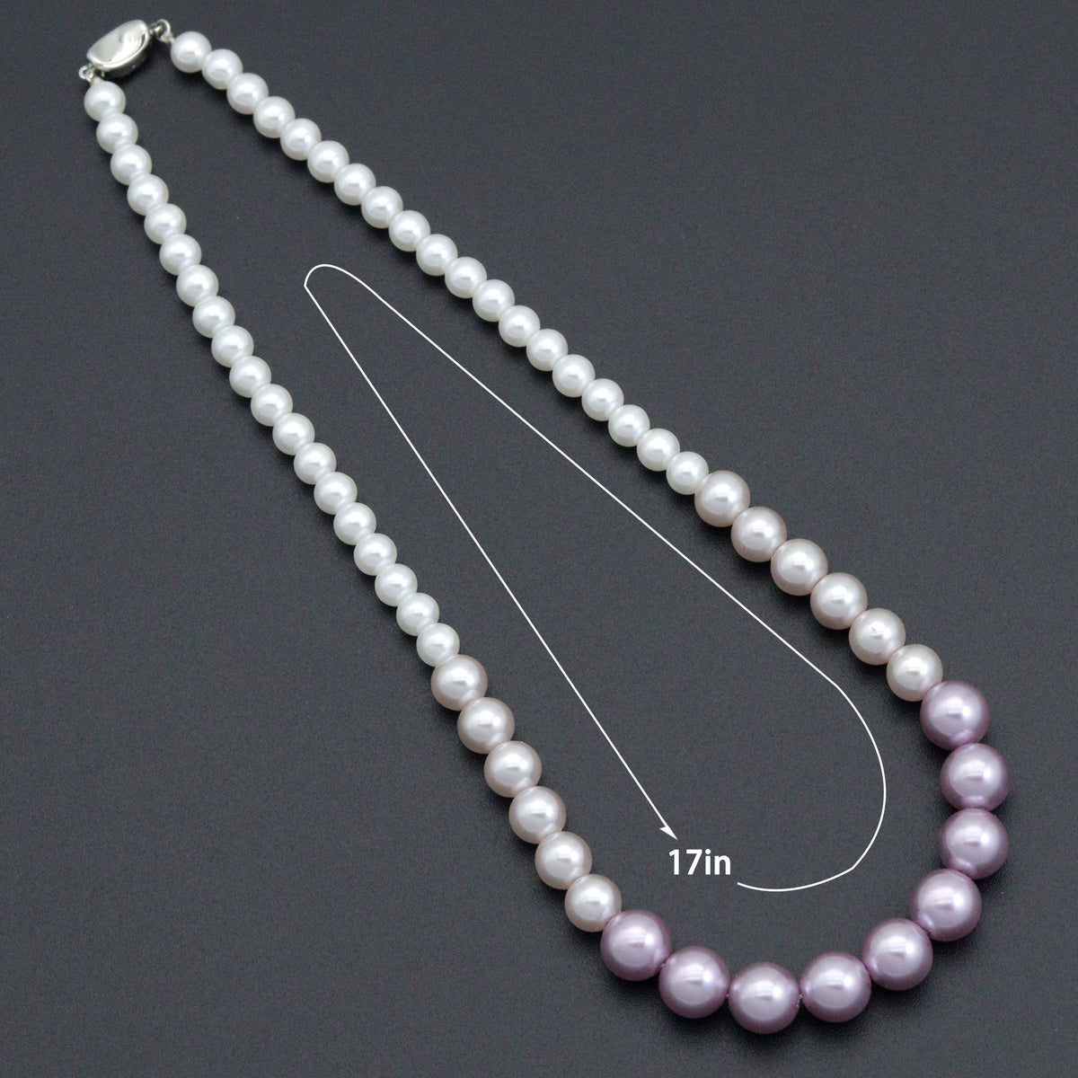 Purple gradient pearl bead necklace with a diagram labeled 17 inches