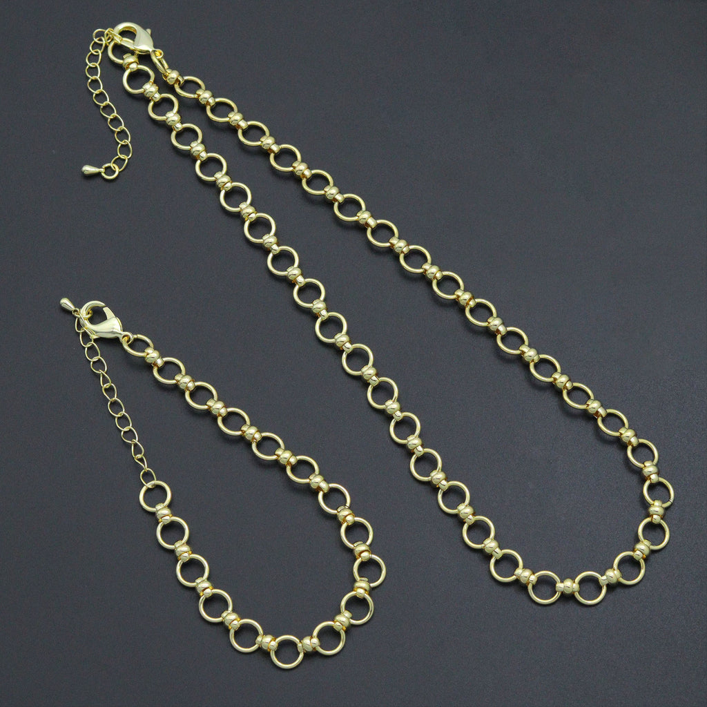 Gold-tone round-link necklace and bracelet with lobster clasps and extender chains