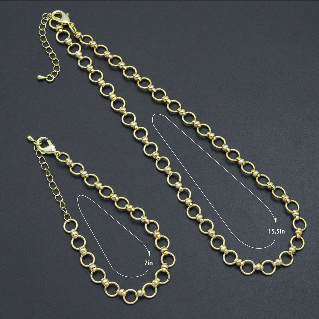 Gold-tone round-link necklace and bracelet with a diagram labeled 15.5 and 7 inches