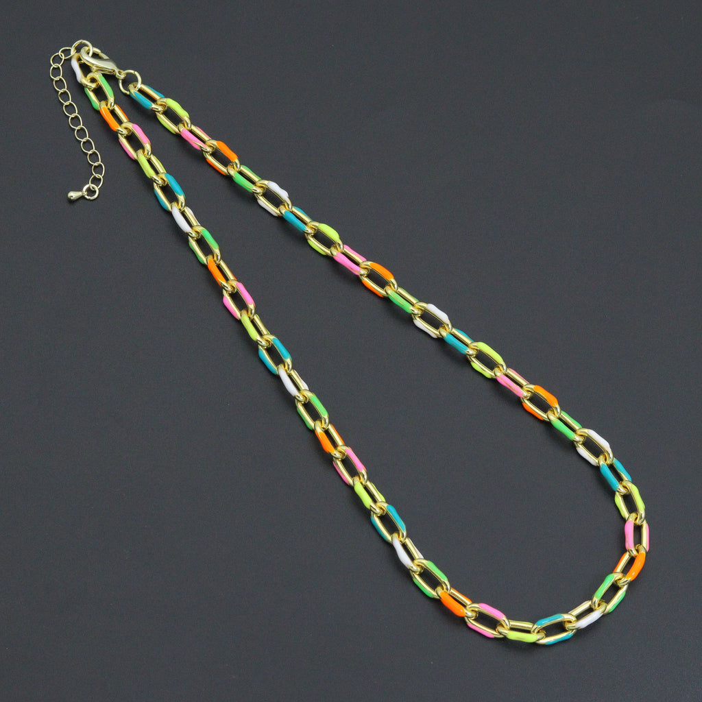 Gold-tone rectangular-link necklace with brightly colored enamel accents