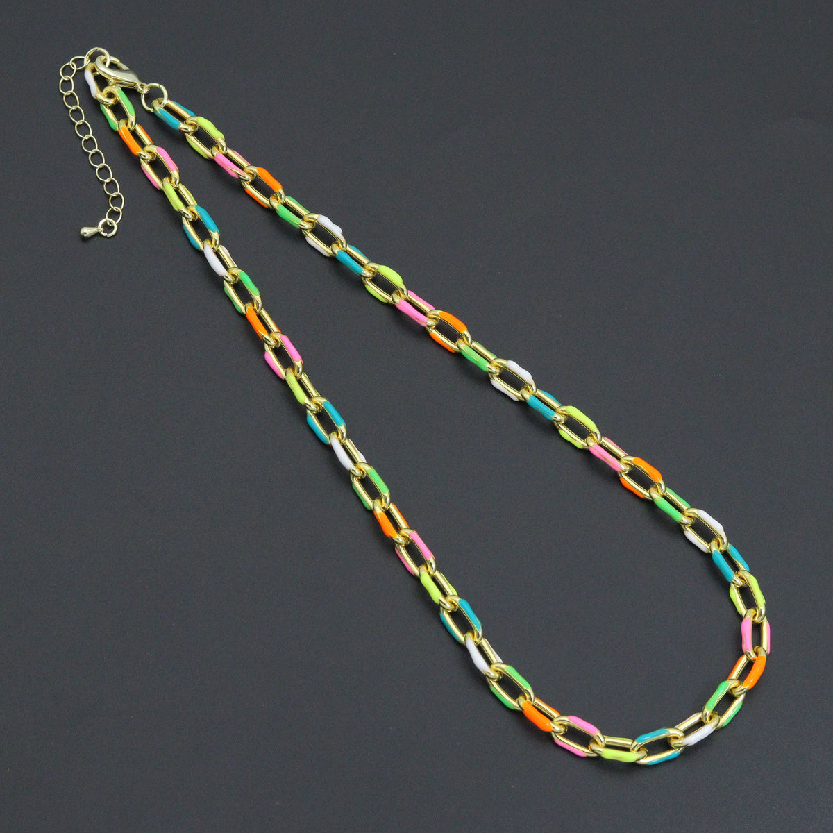 Gold-tone rectangular-link necklace with brightly colored enamel accents